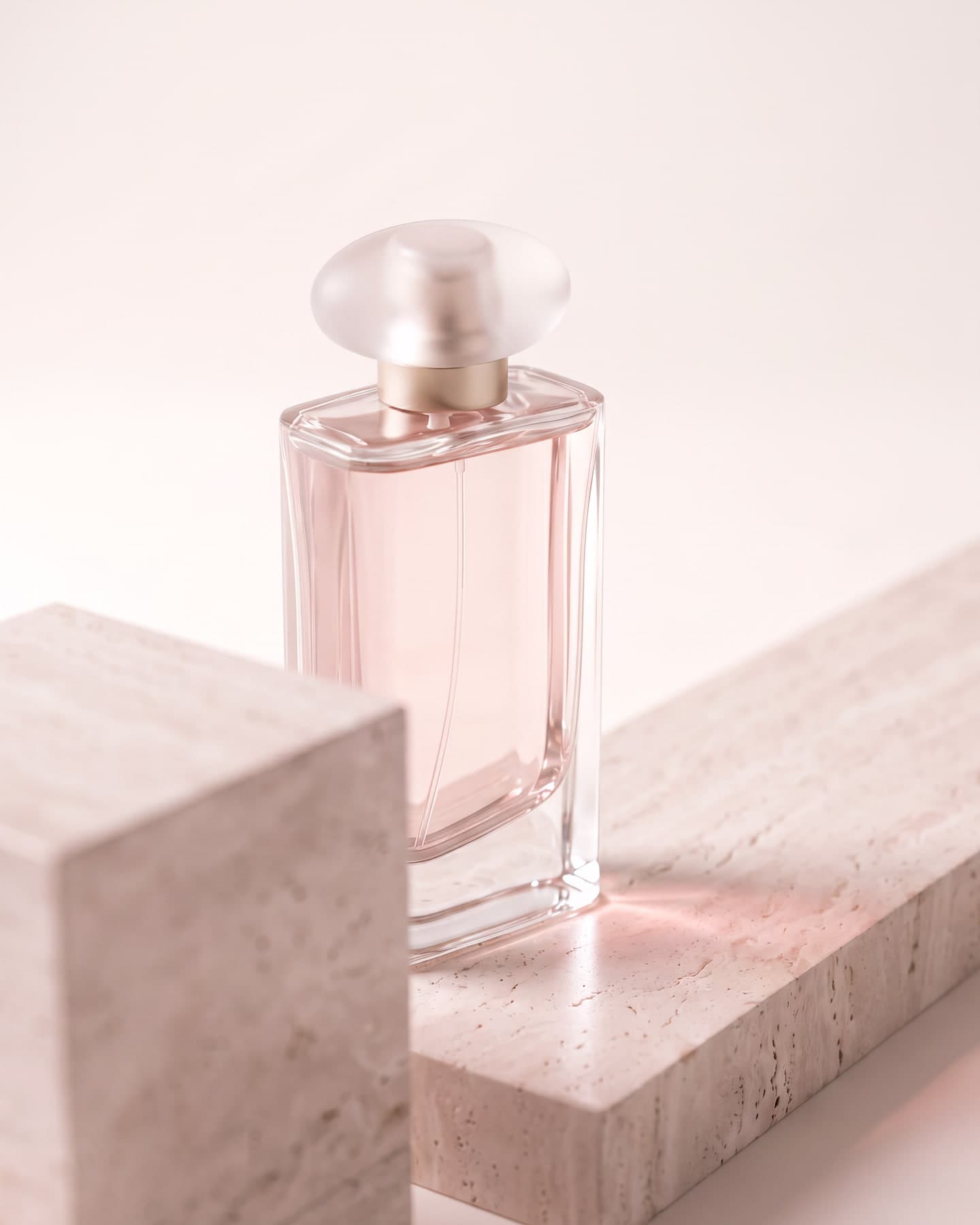 Frasco de perfume de vidro com líquido rosado sobre bloco de travertino