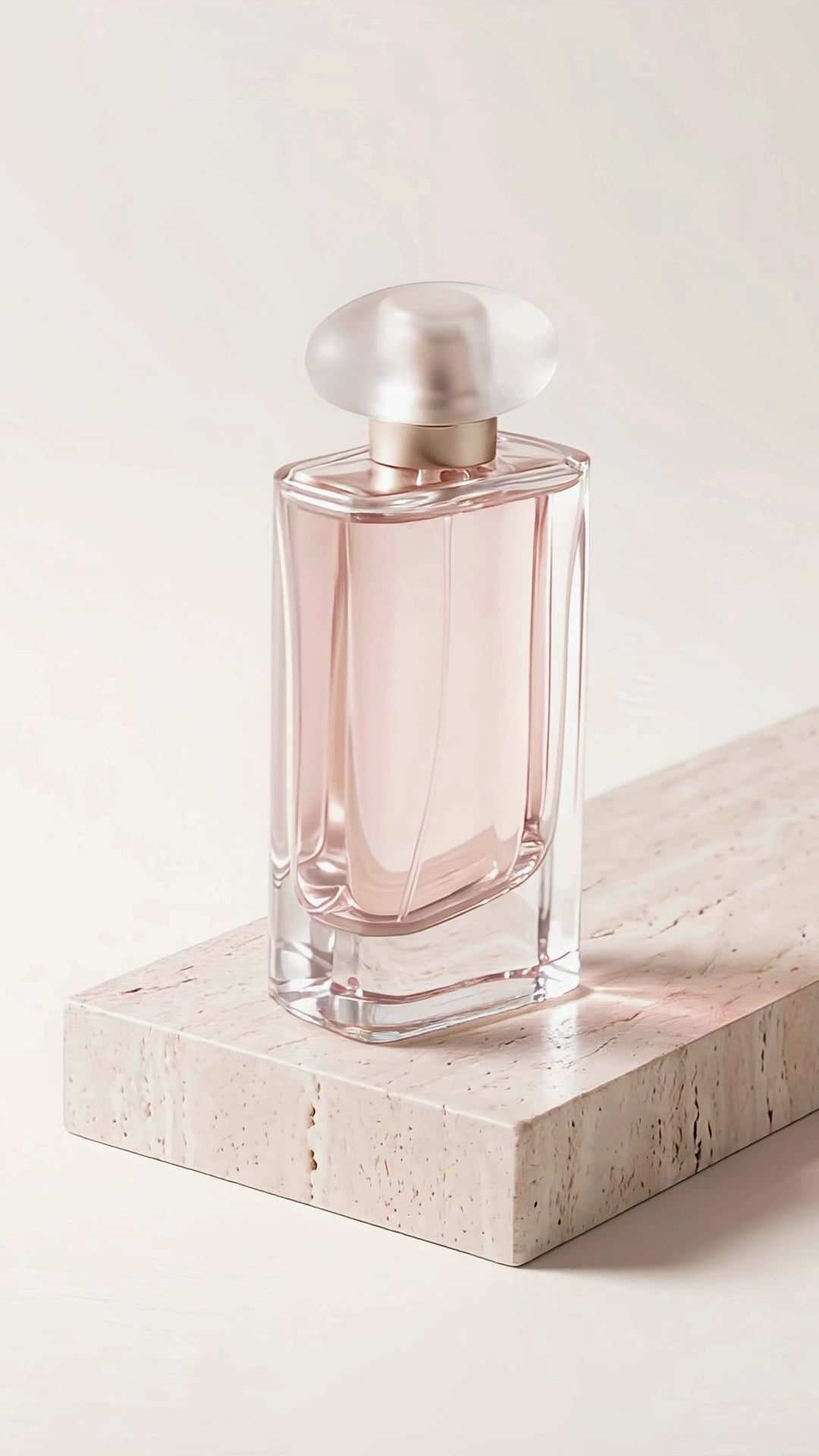 Frasco de perfume rosado sobre pedra travertino